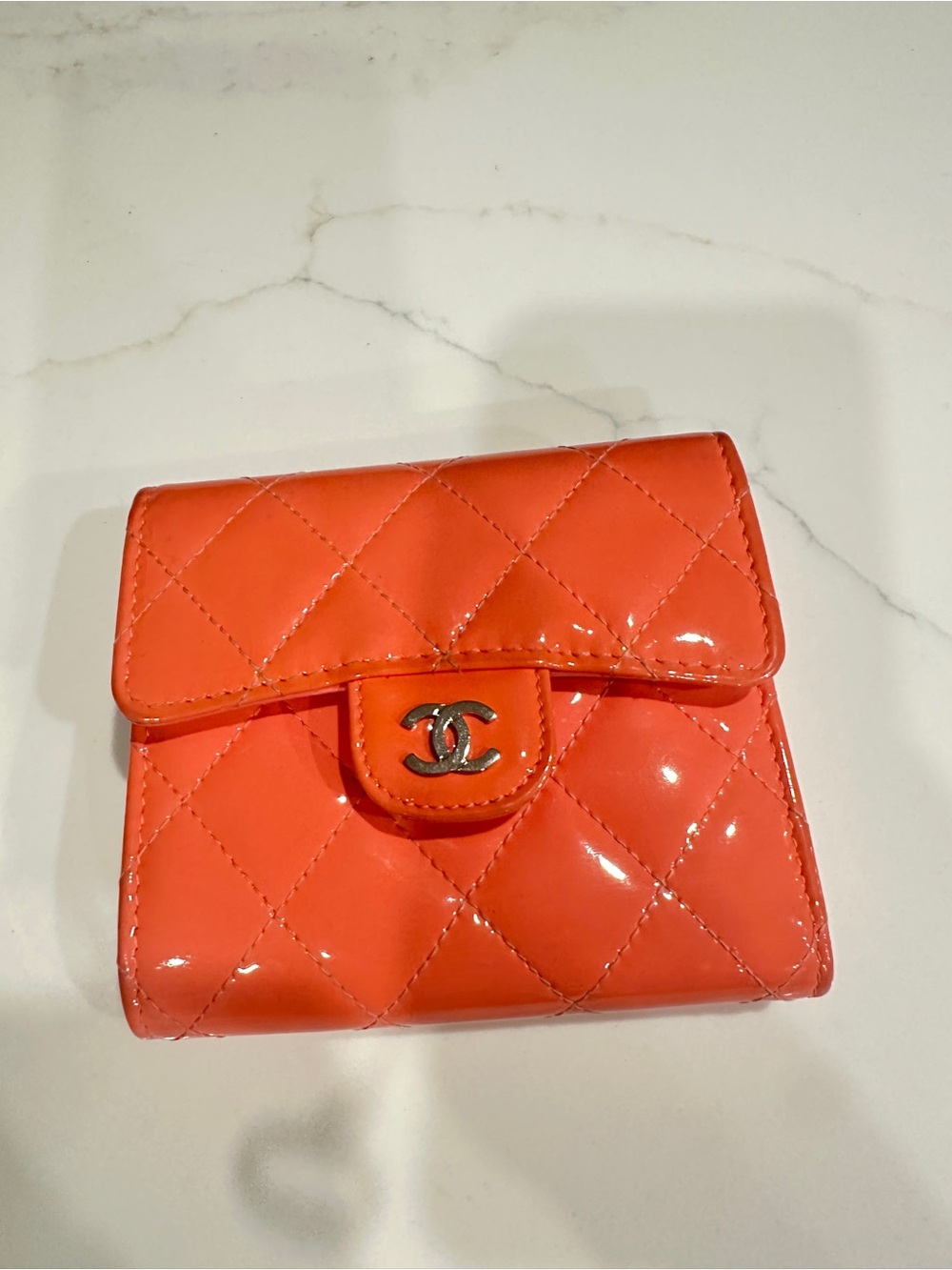CHANEL Quilted Patent Leather Mini Wallet - Bright Coral Orange
